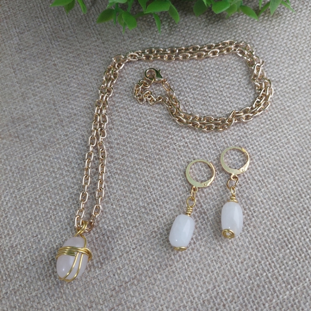 Wired Rose Quartz Set Handcrafted Gold Details Earrings and Necklace NWOT